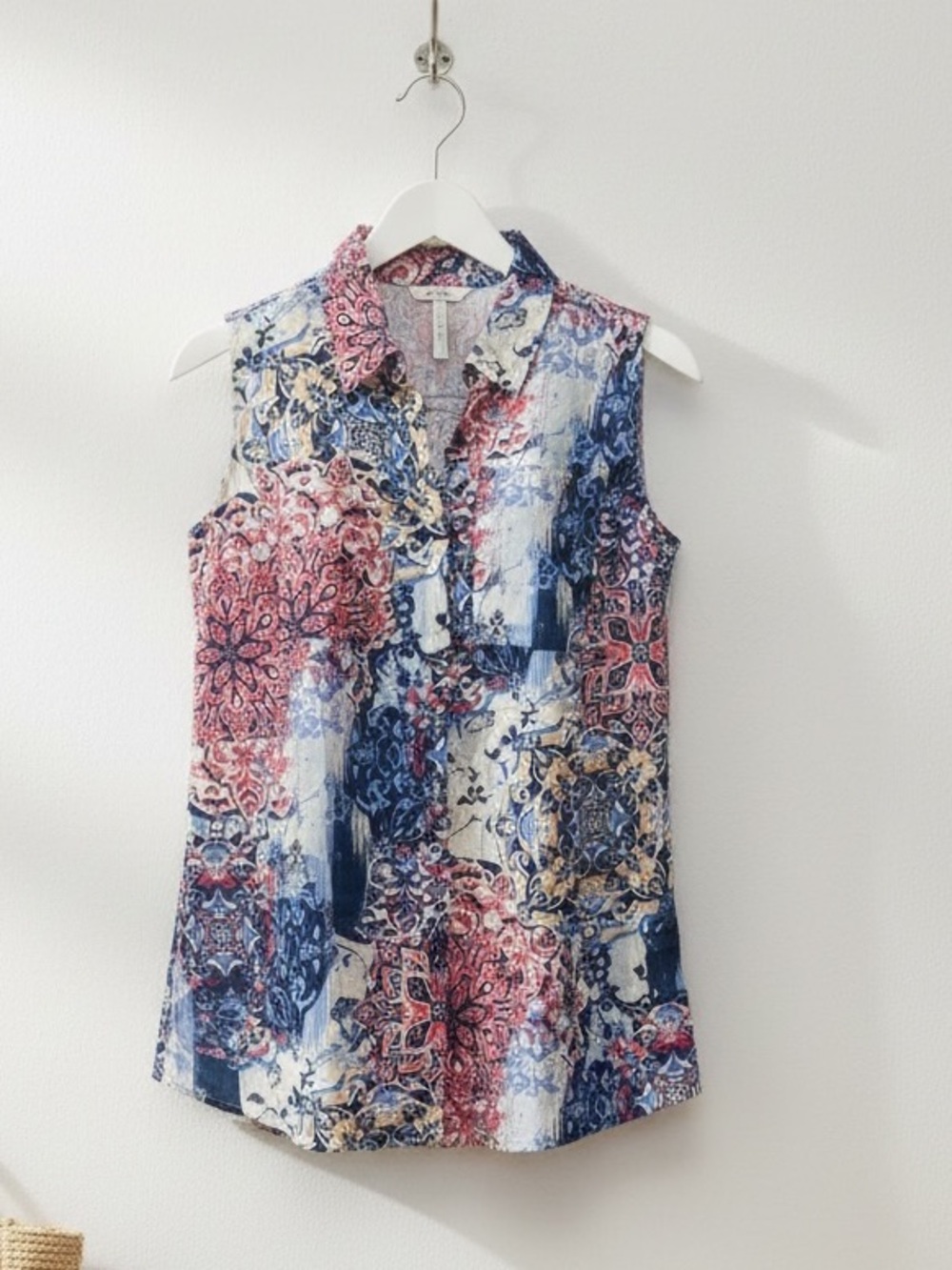 Cathy Daniels Hidden Button Front Sleeveless Linen Blend Blouse Size M